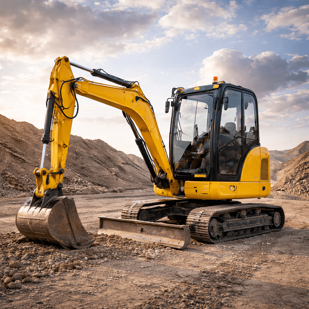 Excavator digging a pile of dirt